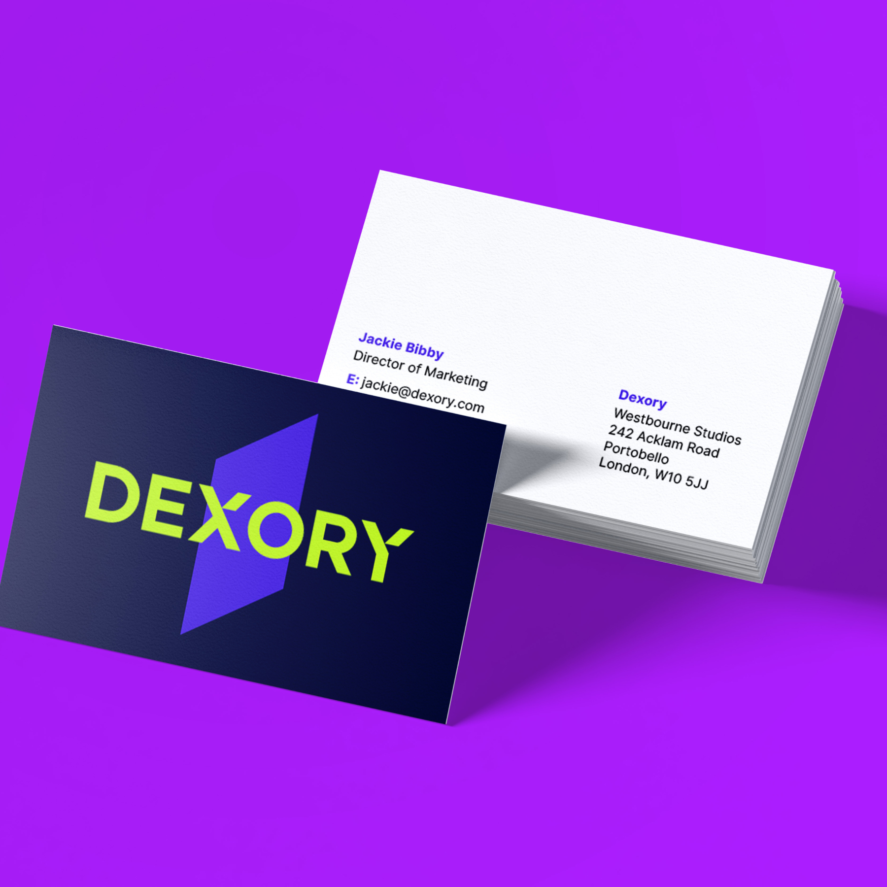 03 Dexory business cards purple bkg